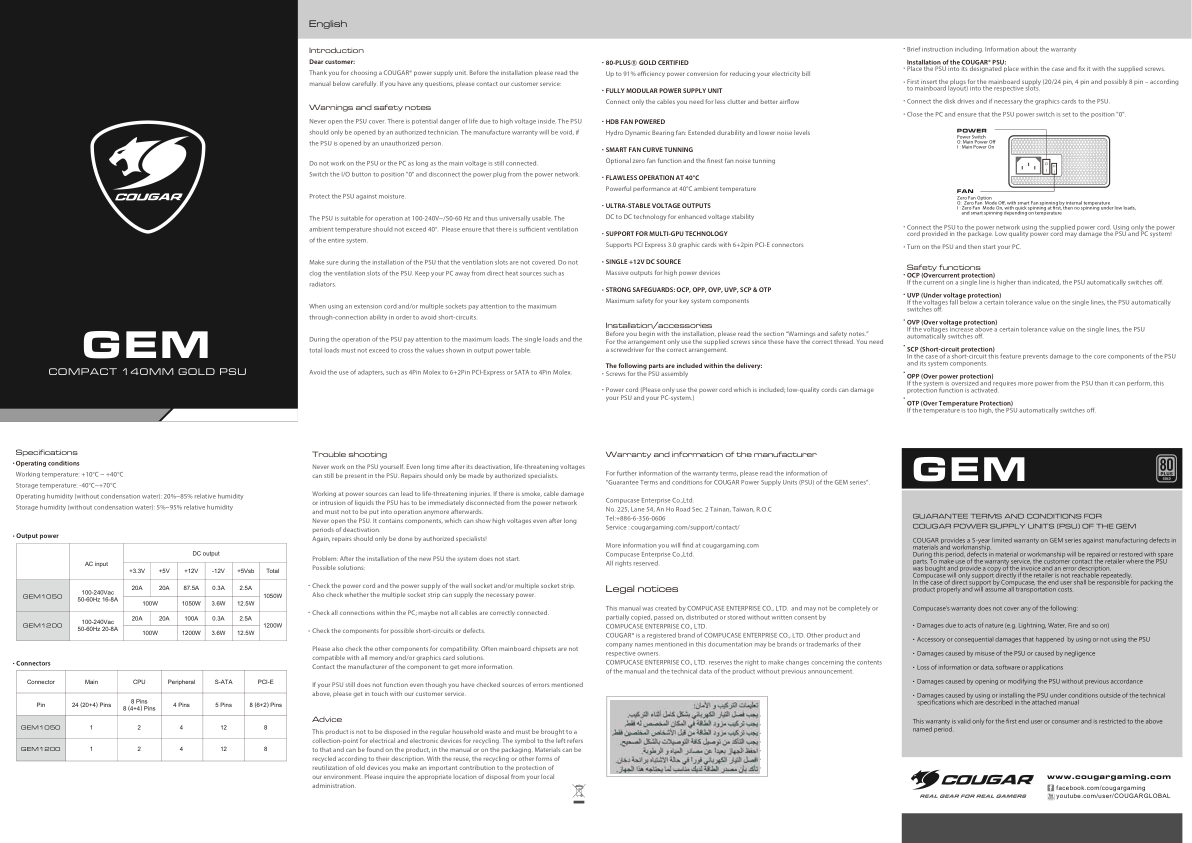 Блок питания Cougar GEM 1050