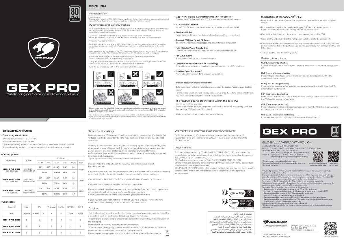 Блок питания Cougar GEX PRO 850