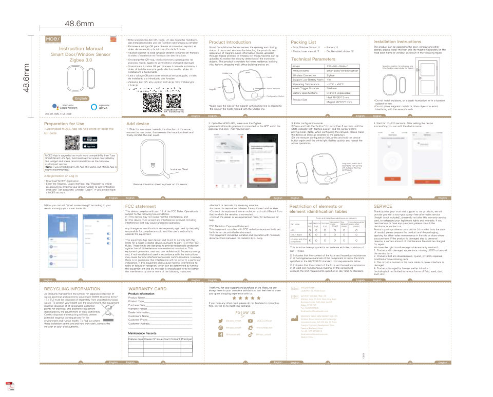 Датчик MOES ZigBee Window Door Alarm Sensor