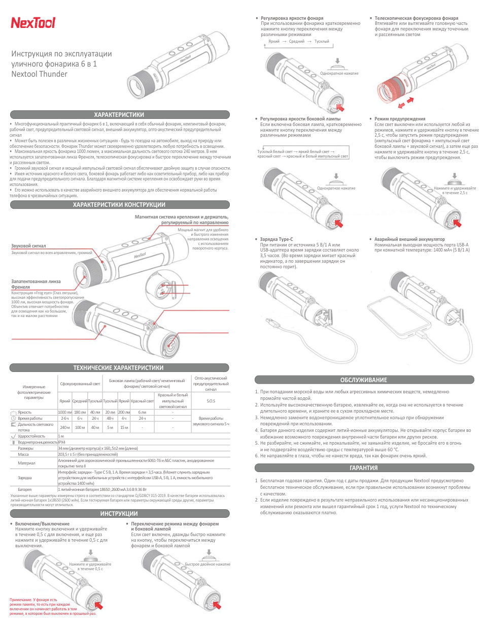Фонарь NexTool 6 in 1 Thunder Flashlight