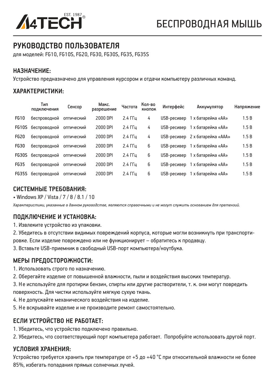Мышь беспроводная A4Tech Fstyler FG20 [1379897]