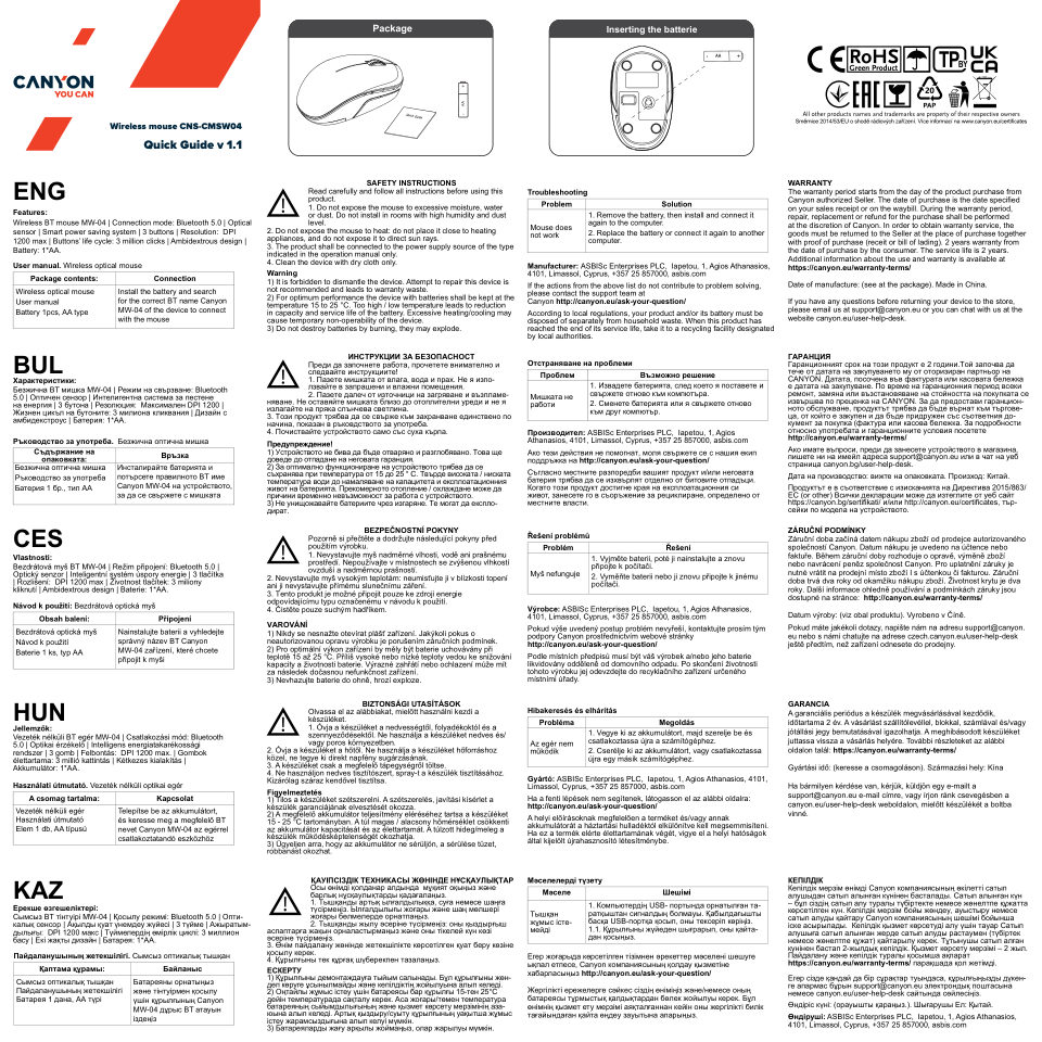 Мышь беспроводная CANYON MW-04 [CNS-CMSW04B]