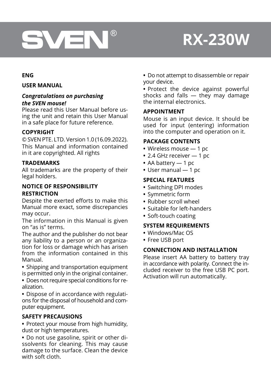 Мышь беспроводная SVEN RX-230W [SV-017828]