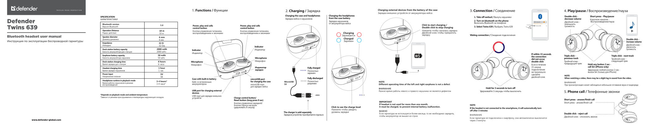 Наушники TWS Defender Twins 639 черный 2022