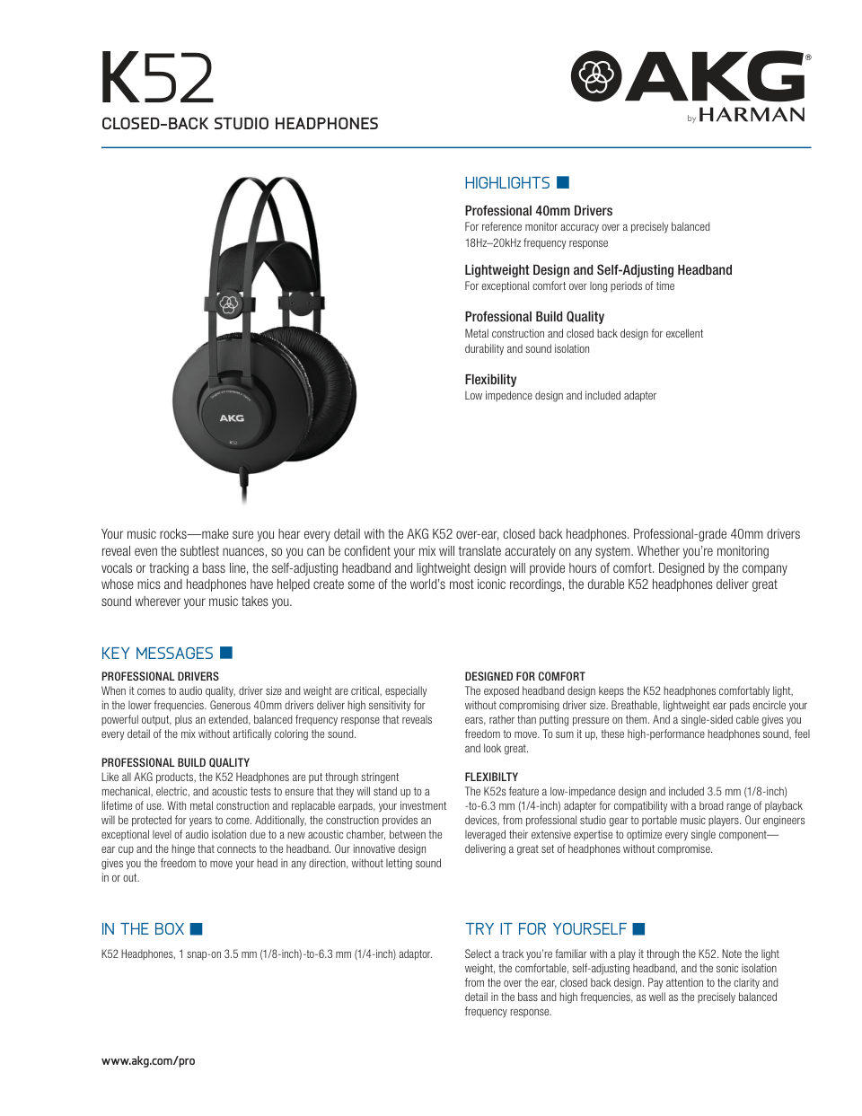 Проводные наушники AKG K52 черный 2016