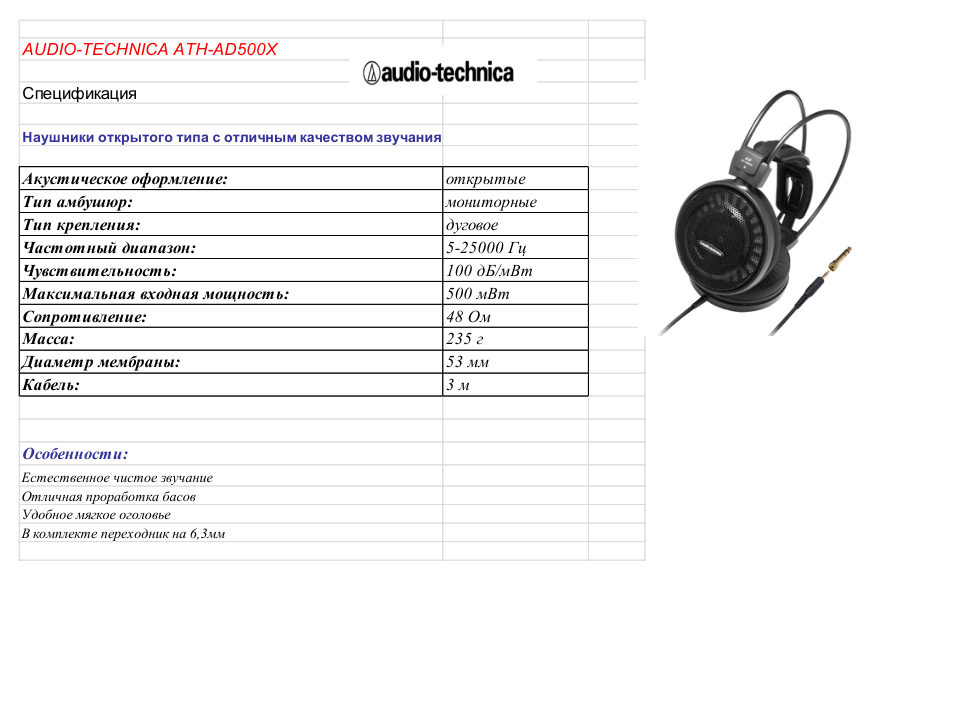 Проводные наушники Audio-Technica ATH-AD500X черный 2013