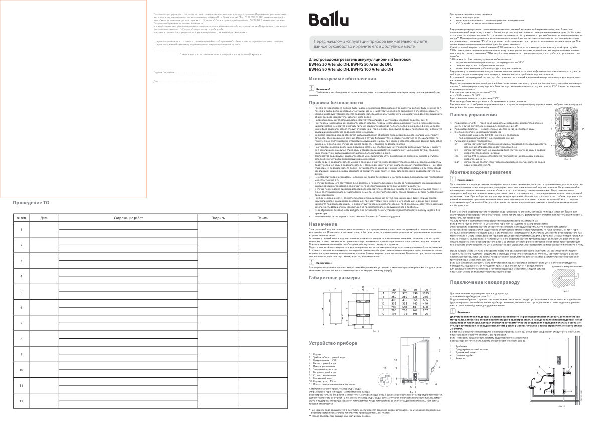 Водонагреватель Ballu BWH/S Artendo DH